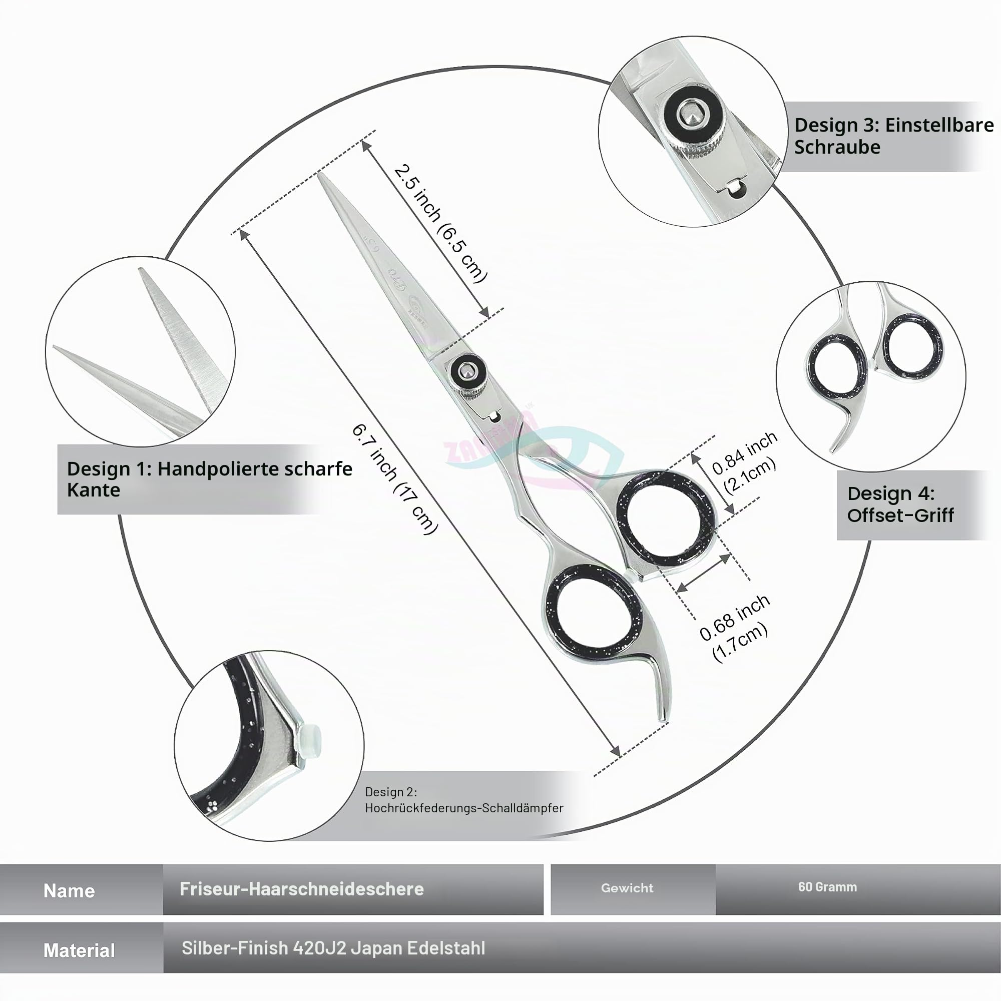 ZAMAHA Lefty Friseur Professionelle Haarrasierschere - Linkshänder 16,5 cm Haarschere (Schneiden + Ausdünnen) - Poliertes Finish
