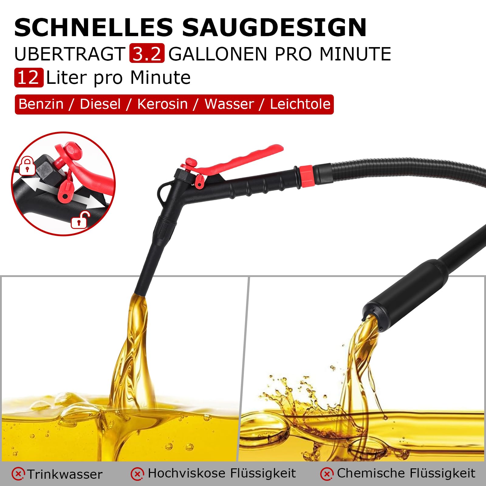 innhom Pompe à carburant électrique, 3,2 GPM (12 l/min) - Pompe de transfert de liquide à piles - Pompe à essence pour essence et diesel - Pompe portable avec tuyau et régulateur de débit (noir)