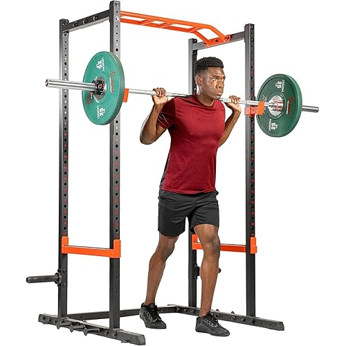 Sunny Health & Fitness Power Zone Strength Rack Power Cage - 1000 LB Weight Capacity, Spotter Bar, Angled Pull-Up Bar, J-Hooks, Resistance Band Pins, Optional LAT Pull Down