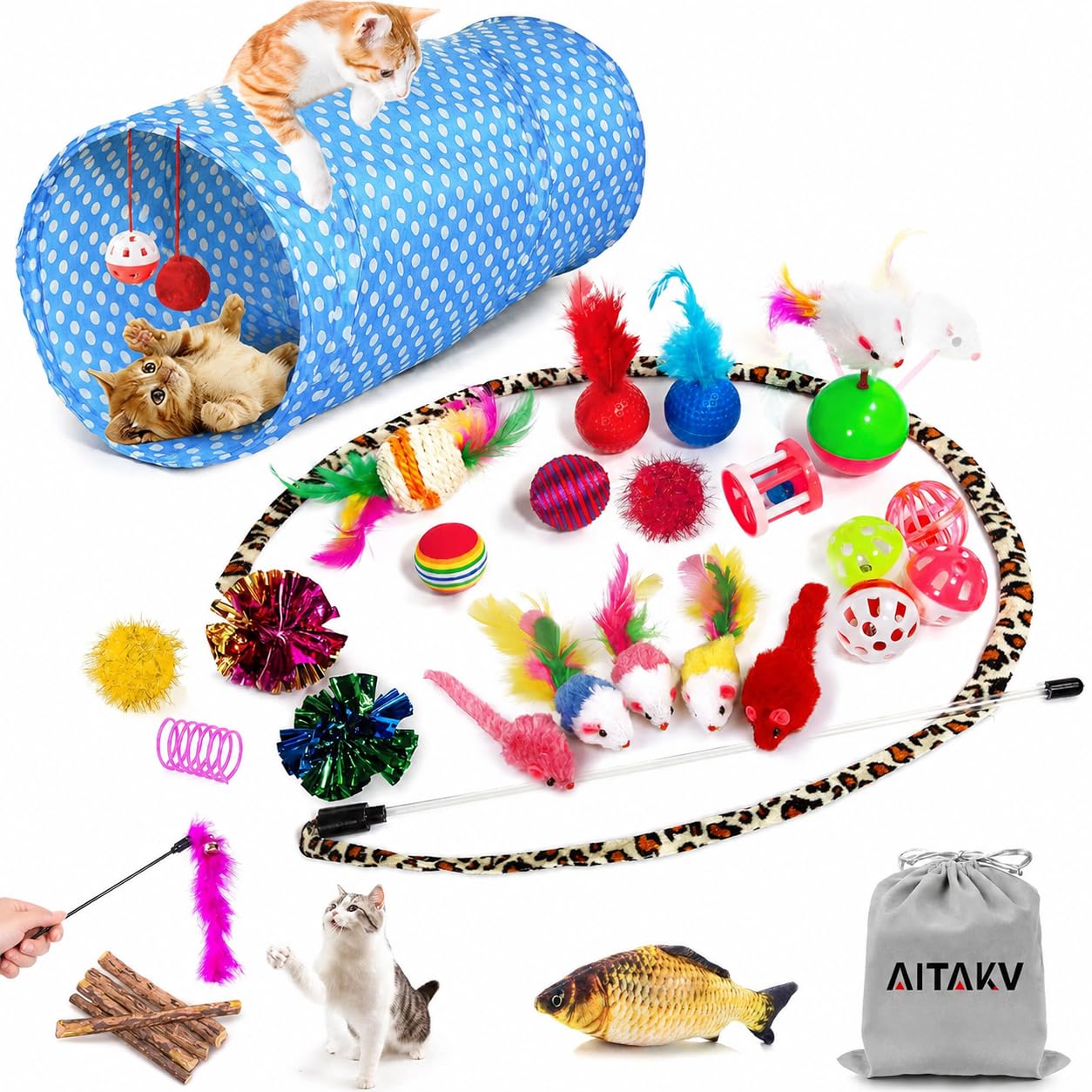 AILUKI 35PCS Cat Toys Variety Pack with Tunnel