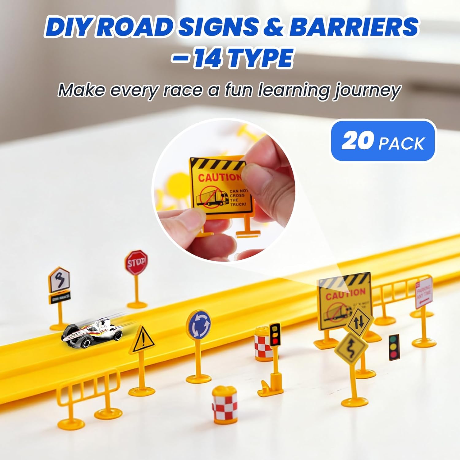16.5Ft Flexible Race Car Track with 4 Cars, Suction Cups, Hooks & Roadblocks, Compatible with 1:64 Scale Toy Cars, Portable DIY Racetrack Gift for Kids Ages 3+ Yellow