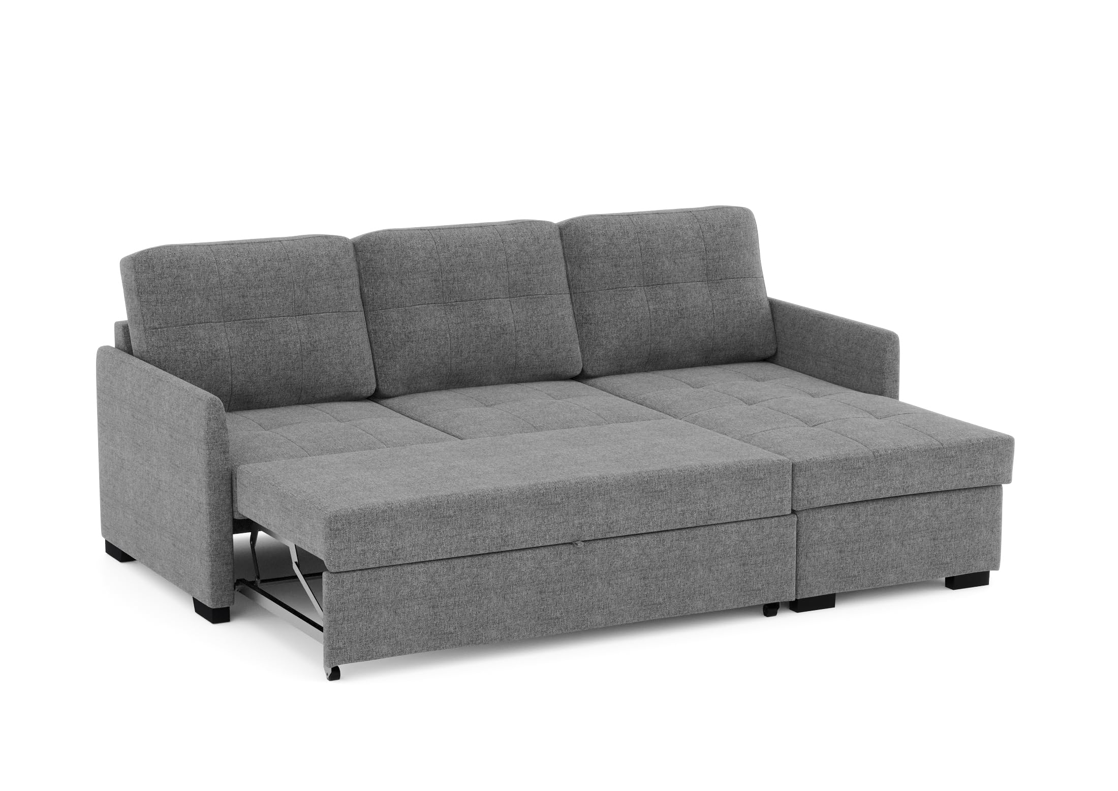 BUDWING Enzo Sofá Cama Esquinero 4 Plazas – Chaise Longue Reversible, Arcón de Almacenaje y Respaldo Reclinable – Estilo Contemporáneo, Tejido 100% Poliéster – 230x147x94 cm – Gris