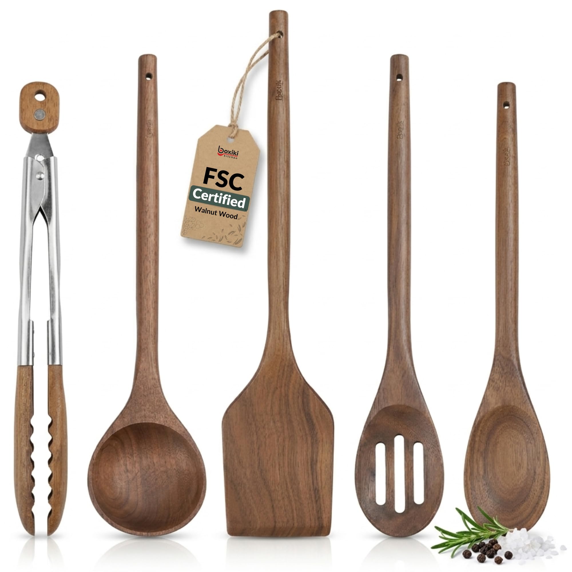 Boxiki 5-Piece Walnut Wood Kitchen Utensil Set