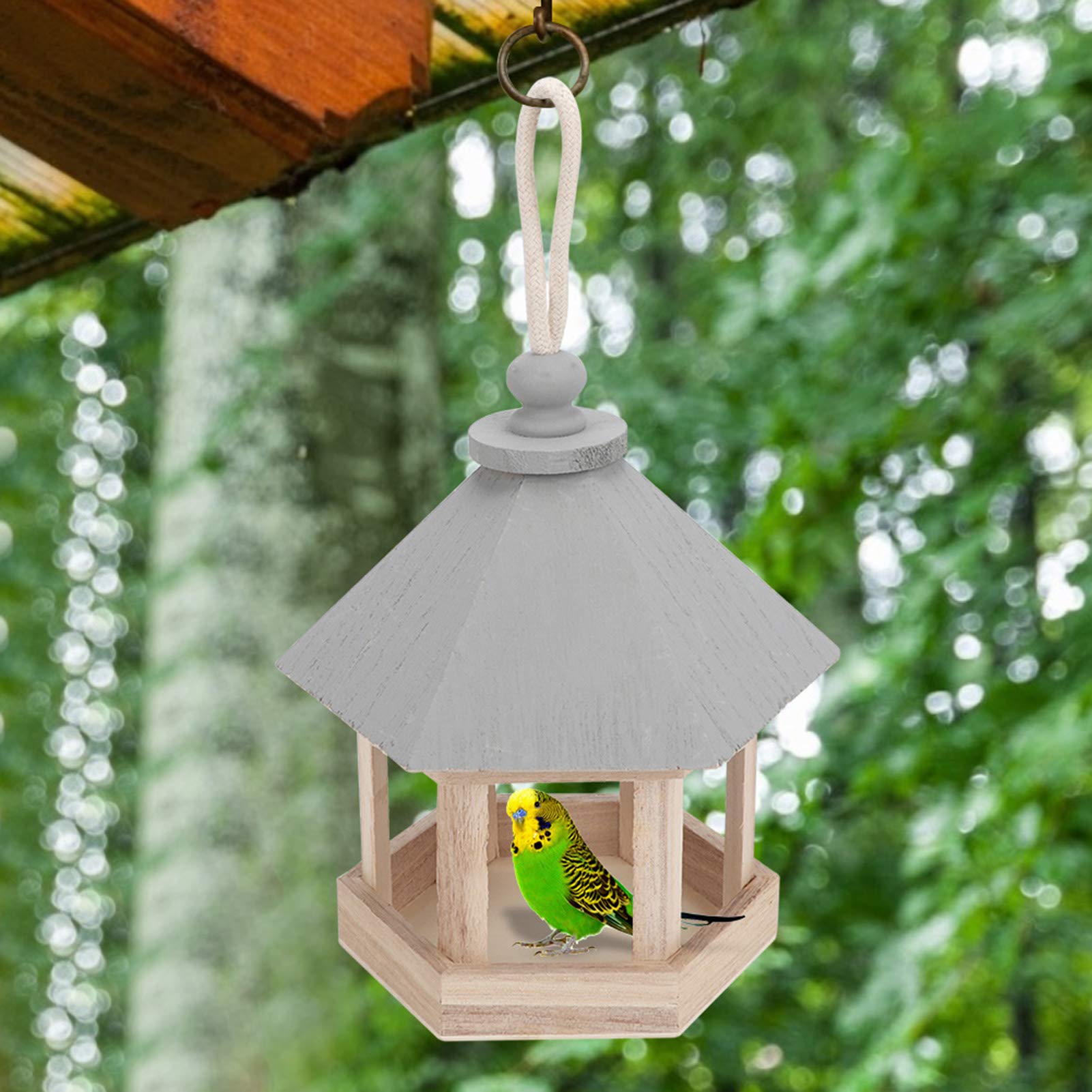Comedero para pájaros de Madera, Comedero para Pájaros para Exteriores Comederos para Pájaros Colgantes de Madera Adornos de Nidos de Pájaros Comedero Colgante para Pájaros con Cuerda