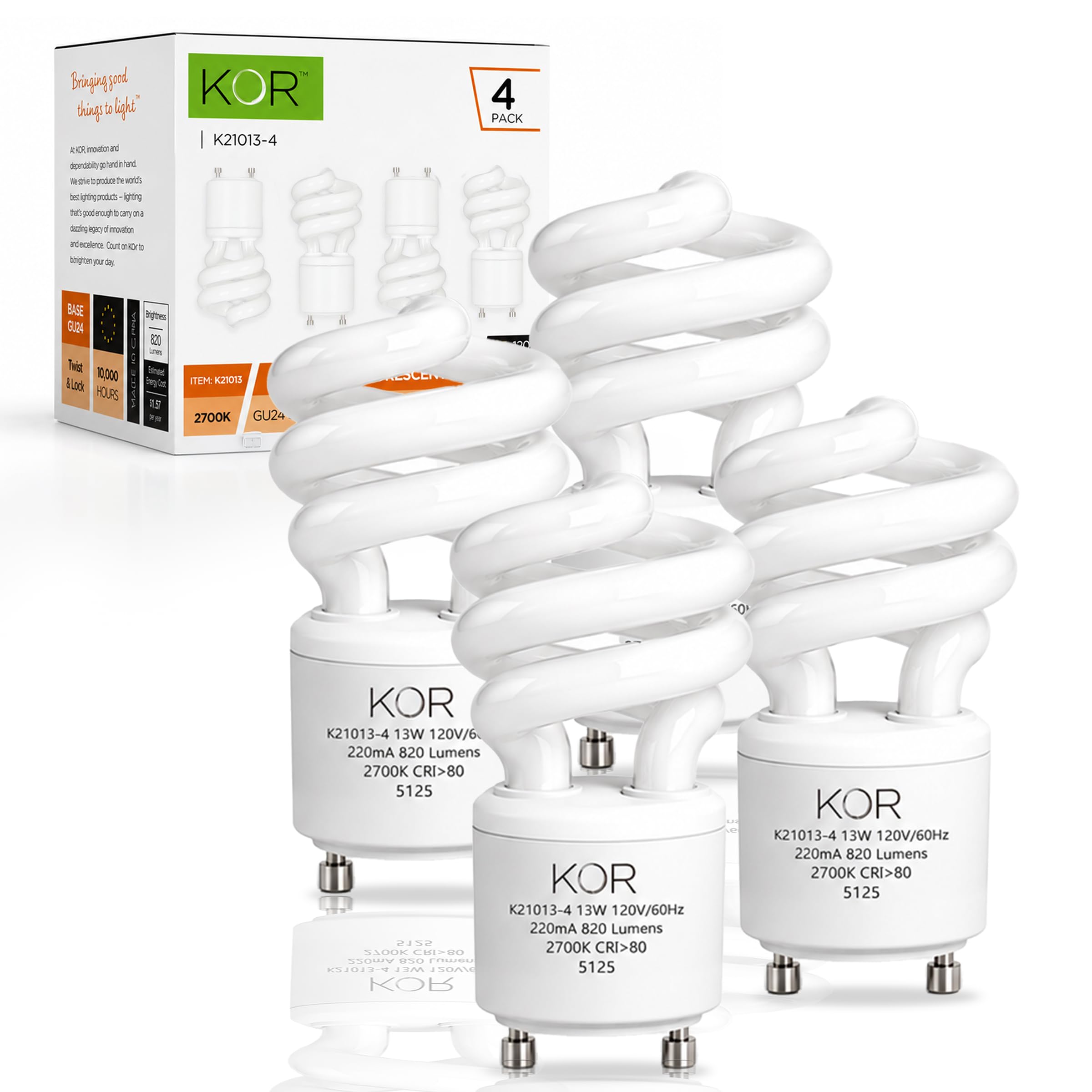 KOR 4-Pack 13W GU24 Base CFL Light Bulbs, 60W Equivalent, Warm White 2700K