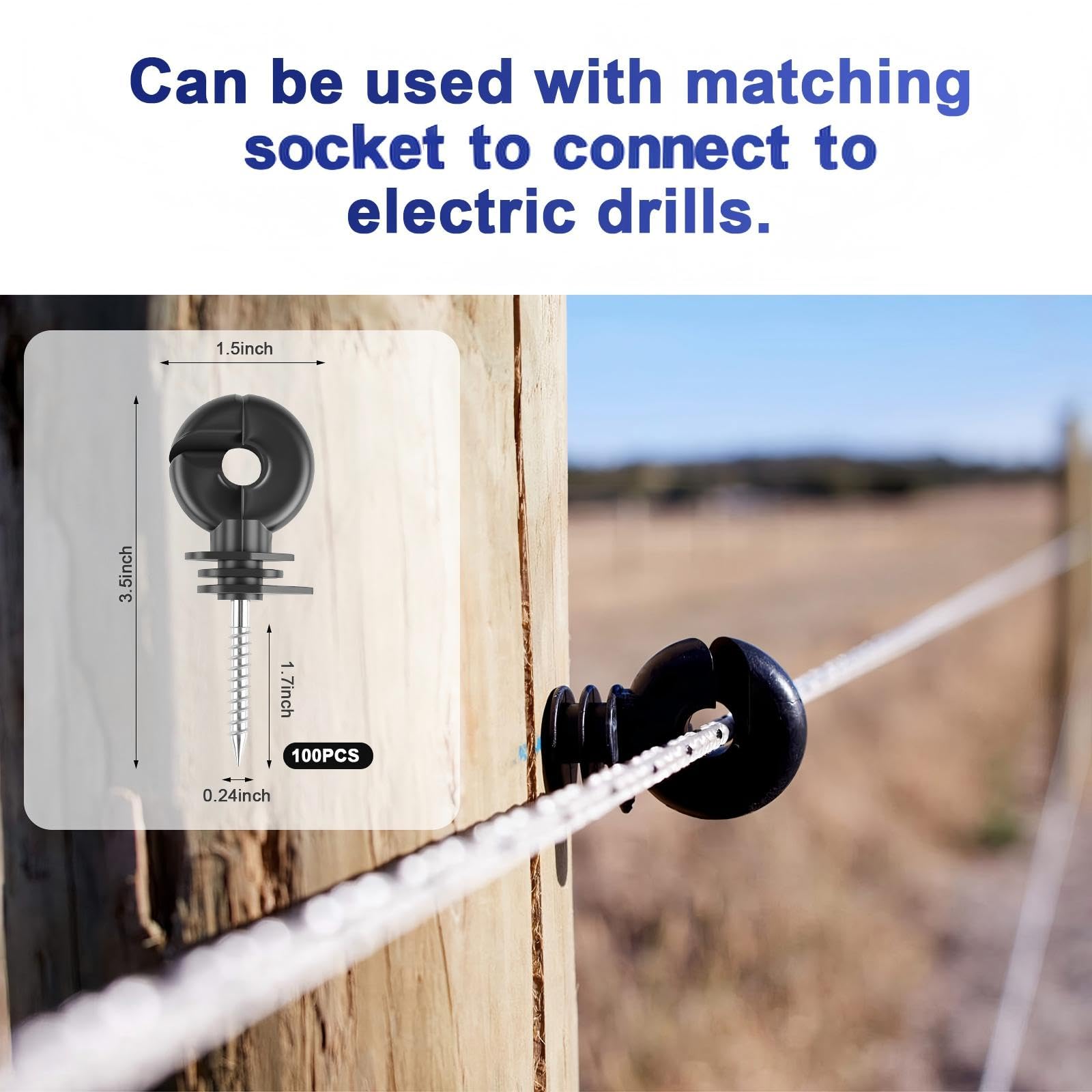100 Pezzi Isolatori ad Anello per Recinto Elettrico con Adattatore | Isolatori a Vite per Pali in Legno, Materiale PP+PE Resistente, per Recinti Animali e Cavalli