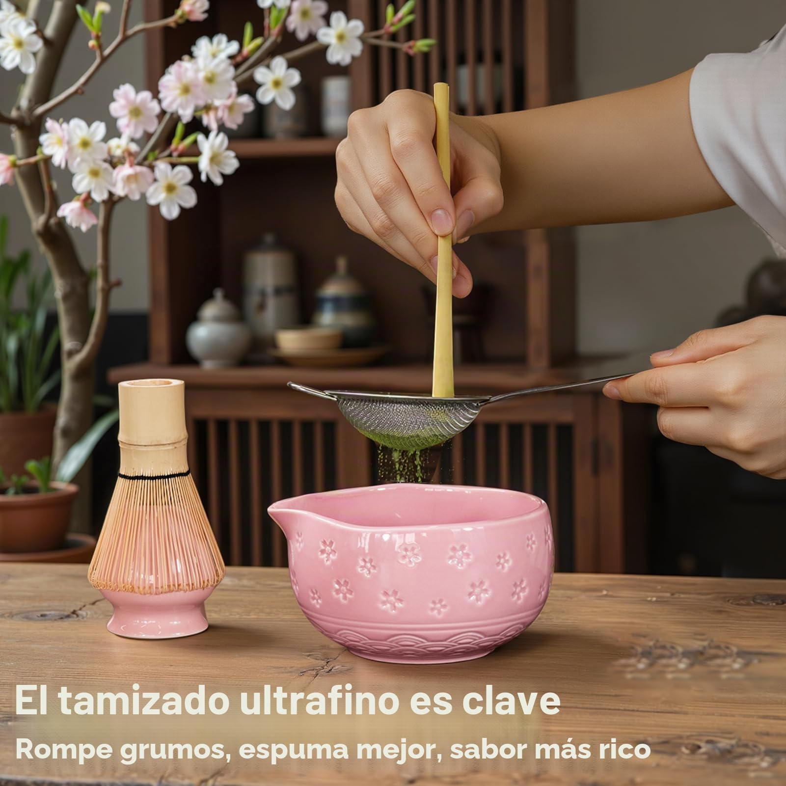 AANQQ Kit Matcha Rosa: Matcha Set 7 piezas - Cuenco de matcha con pico 560 ml - Chasen bambú matcha - Cuchara matcha y Colador de matcha Kit té matcha, Ideal para principiantes y amantes del matcha