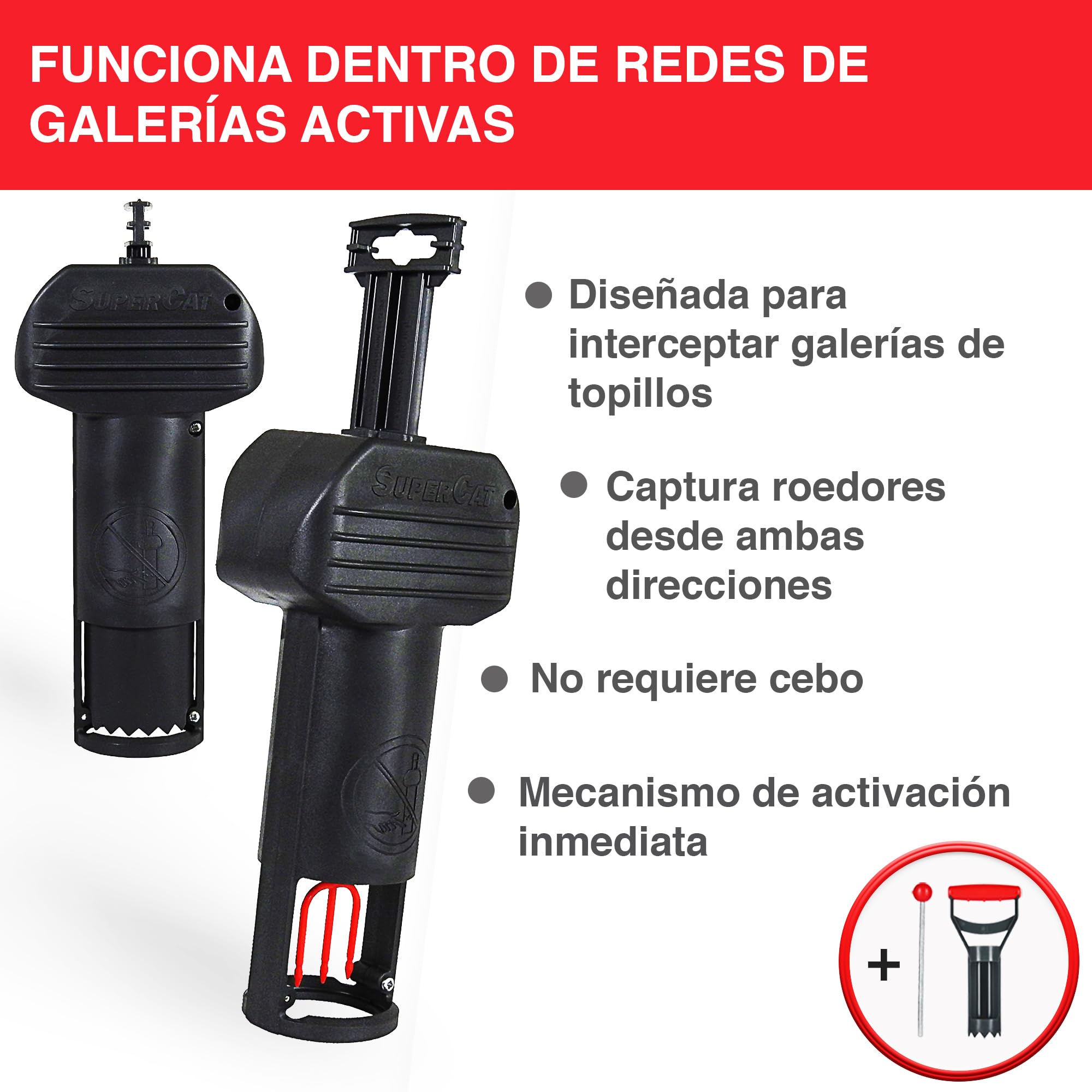 SWISSINNO Trampa para Topillos con Sonda SuperCat Incluida – Trampa Mecánica para Roedores Subterráneos, Control de Jardín, Reutilizable, Instalación en Túnel Vertical – 2 Trampa + 1 Sonda