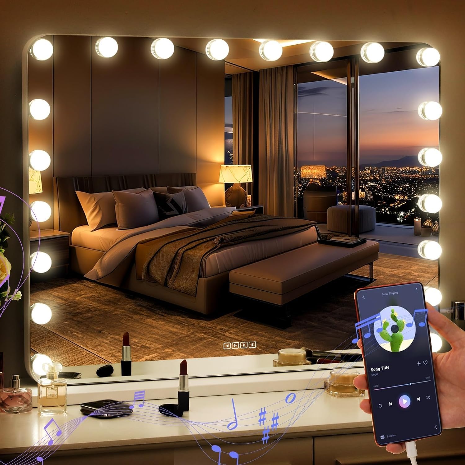 MAMIZO Makeup Mirror with Illumination and Bluetooth, 80 x 60 cm, Hollywood Makeup Mirror with Light, 20 LED Dimmable, 3 Light Colours, USB, 10 x Magnifier, Table Mirror, Vanity Mirror, White
