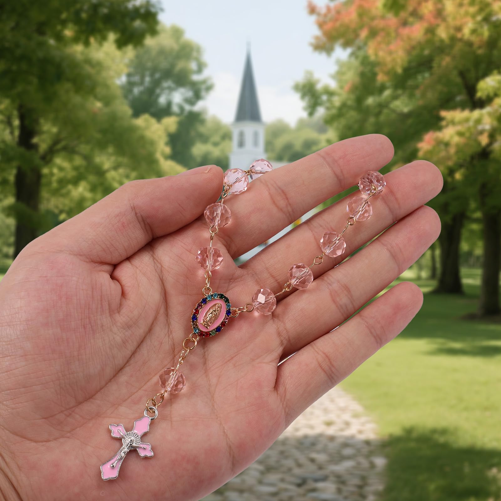 Rosario Auto da Appendere allo Specchietto Retrovisore, Ornamento Religioso a Forma di Croce con Ciondolo Cattolico Ideale per Battesimo Prima Comunione Matrimonio Uomo e Donna (Rosa)