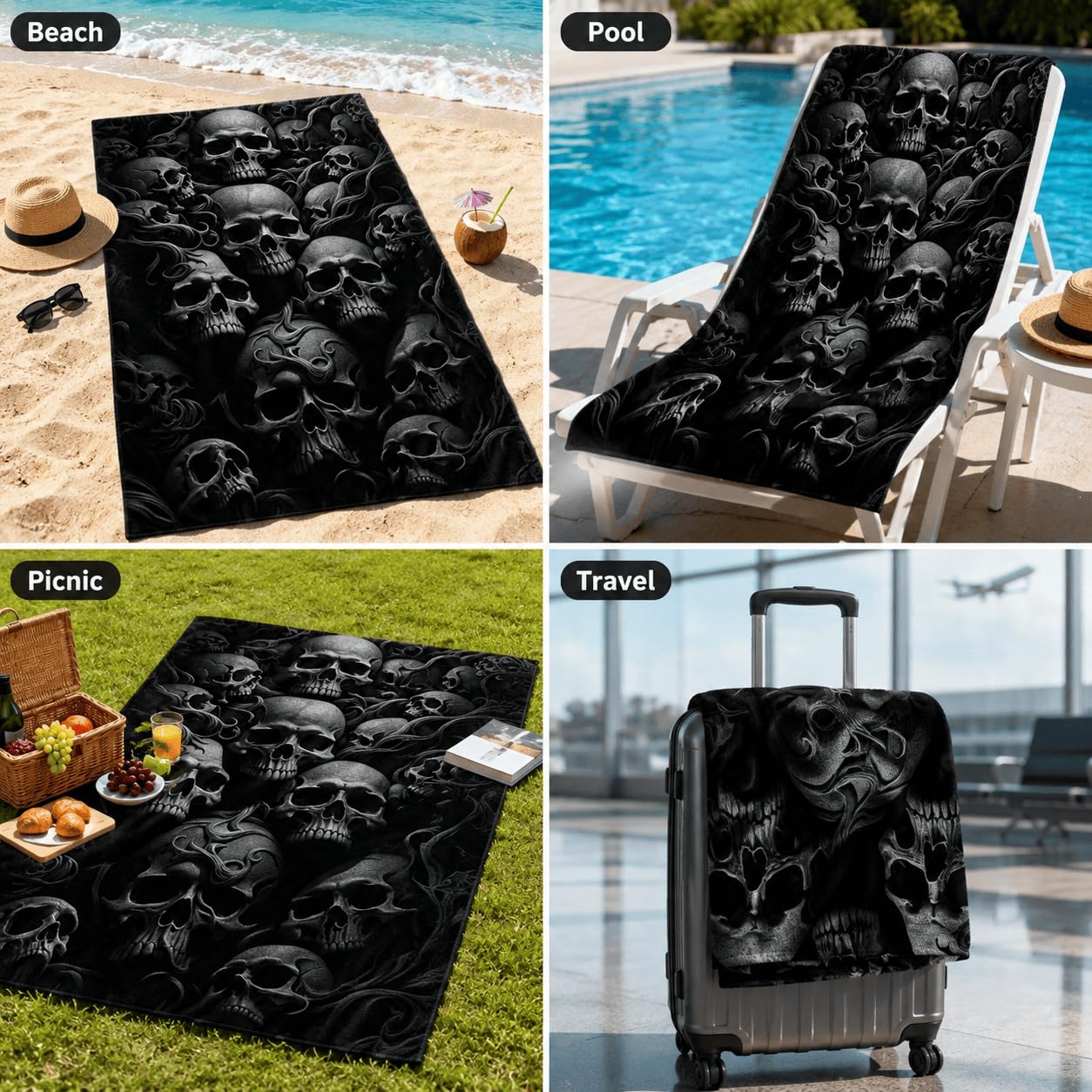 Telo Mare Microfibra Teschi Sovrapposti Asciugatura Rapida | Asciugamano da Spiaggia Veni In Sottoprint, 145x200 cm, Assorbente, Accessori Mare, per Palestra Viaggio