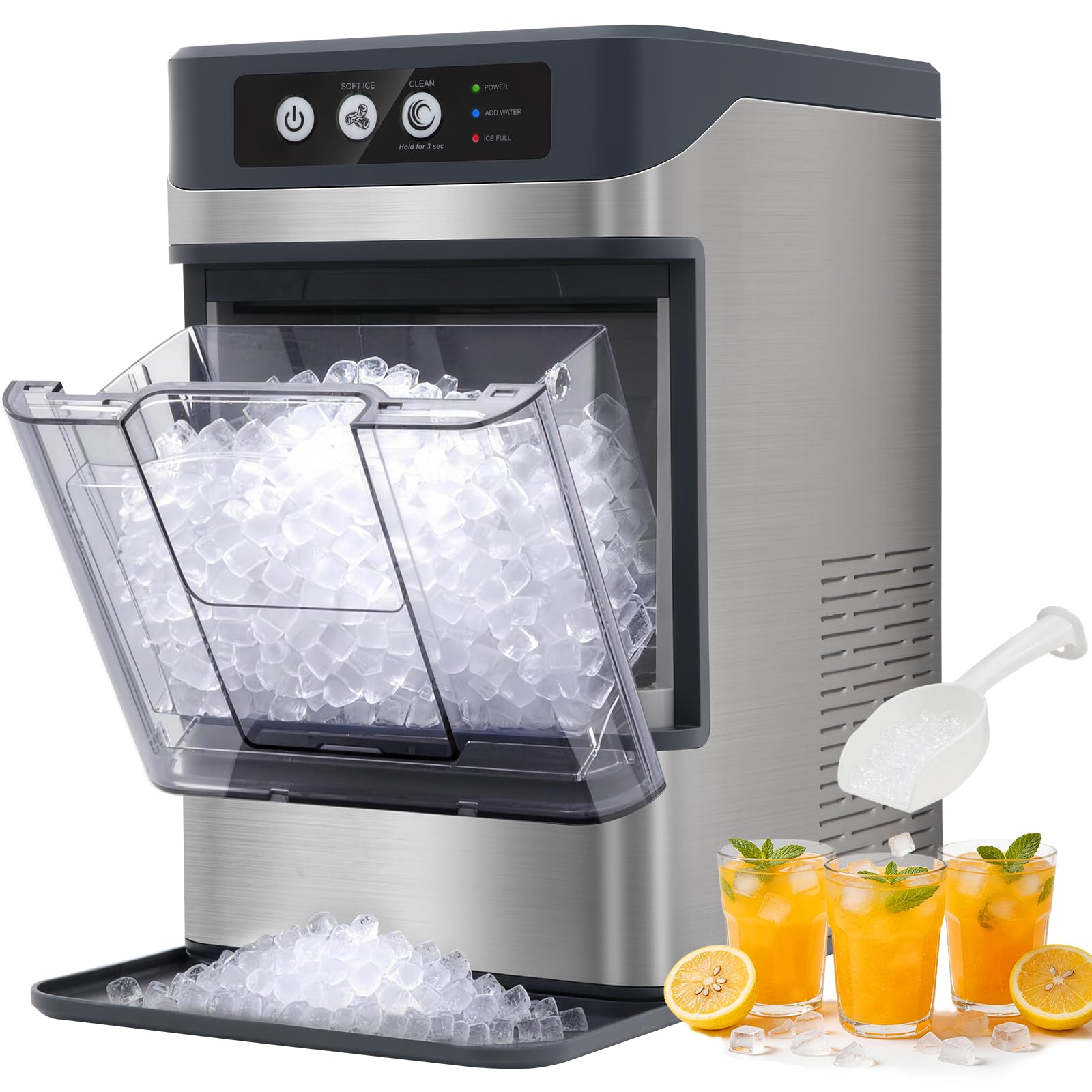 Eiswürfelmaschine 15kg/24h – Nugget-Eis in 6 Min, Crushed Ice, automatische Reinigung, 120W, mit Infrarot-Sensor, energiesparend, Schwarz