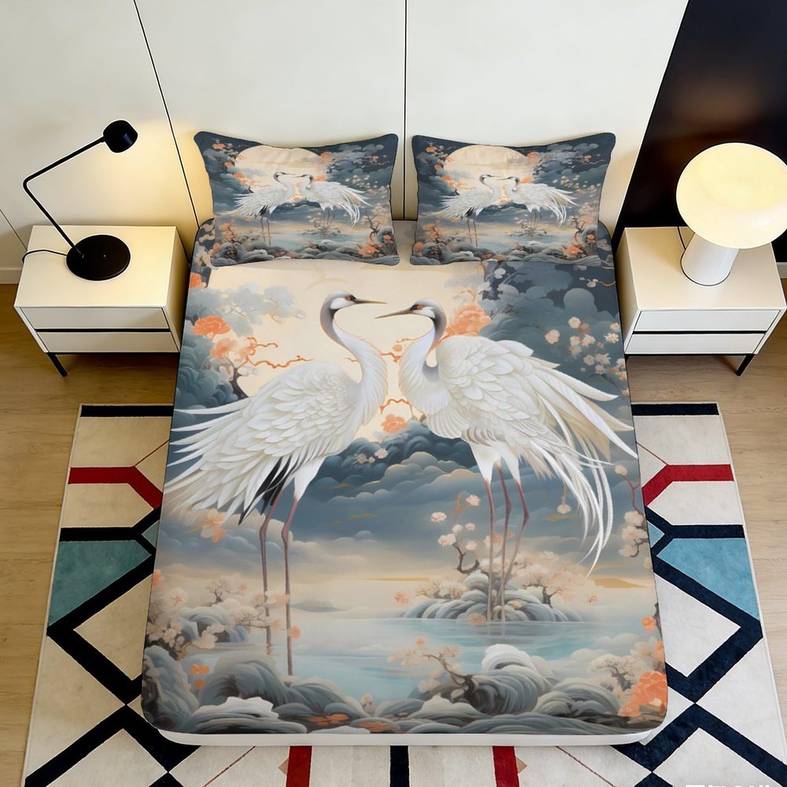 3D Printed Japanese Crane Lake Fitted Sheet Microfiber Soft Non-slip Cherry Blossom Bed Cover for Bedroom Guest Room 120x200x25cm