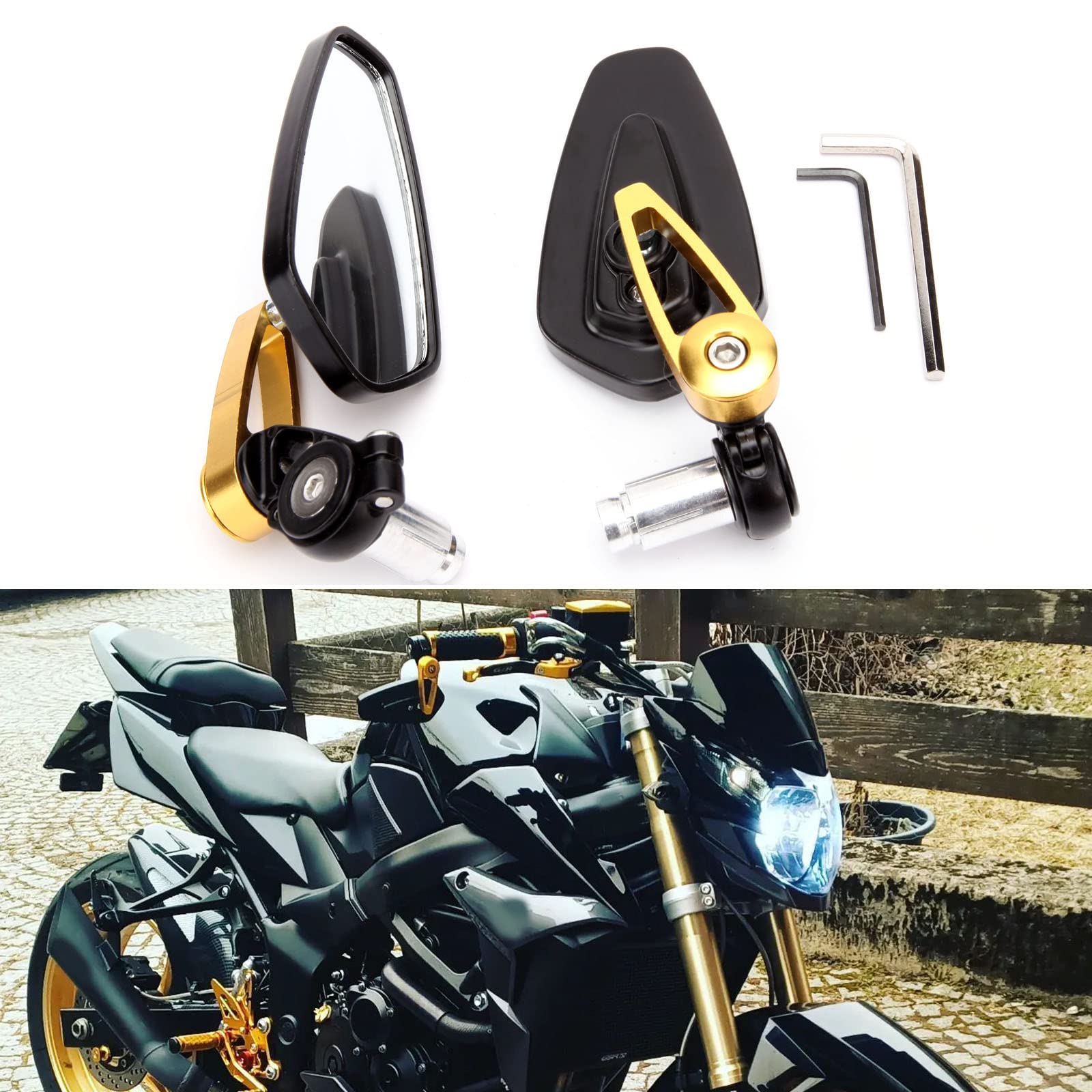 Universal Black Motorcycle Billet Aluminum 7/8" 22 Bar End Side Rearview Mirrors (Gold)