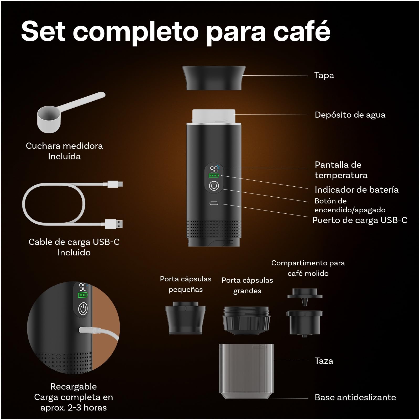 MMOBIEL Cafetera Portátil Máquina de Café Espresso Eléctrica con Base Antideslizante, Auto-Calentable & USB-C – Compatible con Café Molido & Cápsulas para Viaje, Camping, Hogar, Coche, Oficina