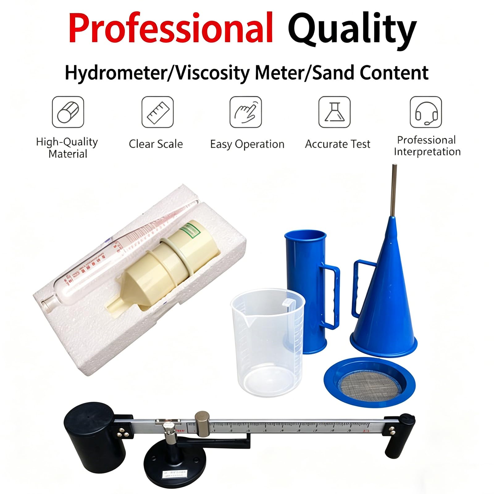 Kit Viscosimetro portatile per fango, 3 pezzi, tester per liquami, contenuto di sabbia, idrometro, viscosimetro con scatola in alluminio, reometro preciso per analisi di laboratorio