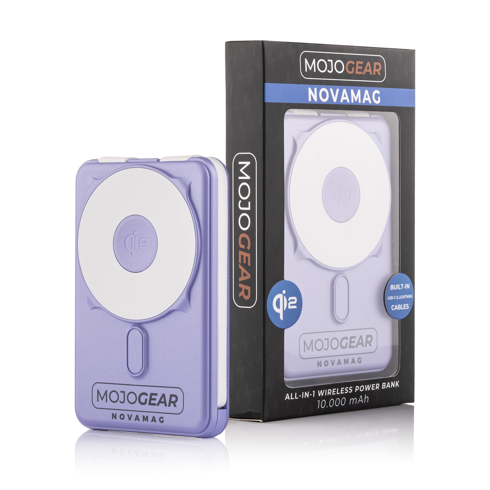 MOJOGEAR NovaMag All-in-1 Power Bank 10.000mAh - Wireless Qi2 Super Fast Charge - Cavo USB-C e Lightning integrato - Compatibile con iPhone e Samsung - Mag Safe Powerbank - Luce LED - Viola