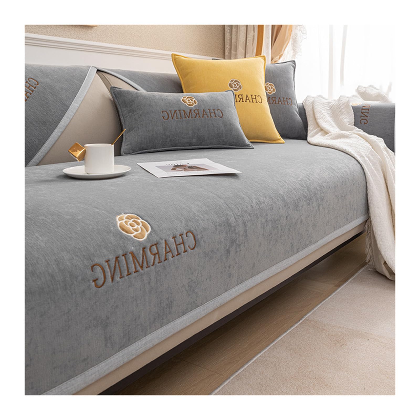 AOPPLSOT Sofa Cover Chenille 3 Seater, Non-Slip Sofa Cover L Shape, Corner Sofa Protector, Sofa Cover 2 Seater, Sofa Cover for Dogs, Couch Cover for Living Room,Grey,110 * 160cm