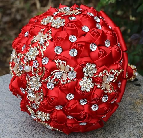 Miniatura 3 de Sharebeauty Ramo de novia de satén hecho a mano de 8.3 pulgadas, ramo de boda redondo, ramo de flores artificiales, color rojo