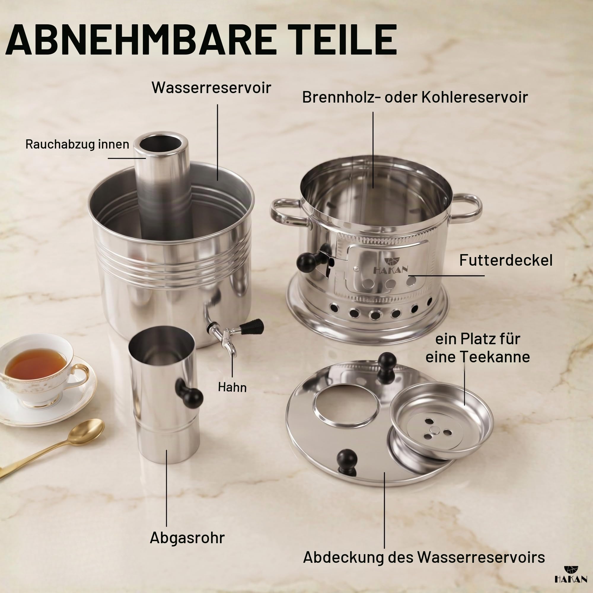 Hakan Tragbarer türkischer Samowar-Teekessel, Camping-Wasserkocher, Teekanne, Holz, Kohlen befeuerte Semaver-Teekanne, Warmwasserbereiter für Camping, Picknick, Jagd, Outdoor-Aktivitäten, schwarze