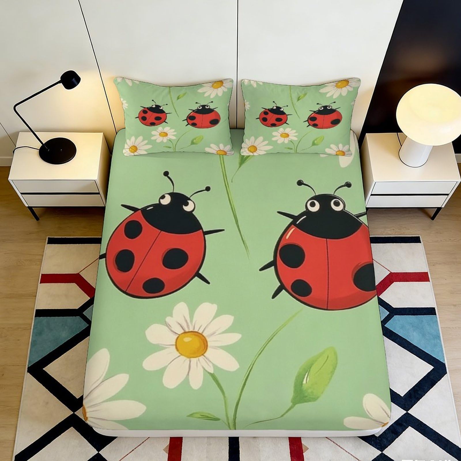 3D Printed Ladybug Daisy Fitted Sheet Microfiber Soft Green Cartoon Bed Cover for Bedroom Guestroom Decor 90x200x25cm