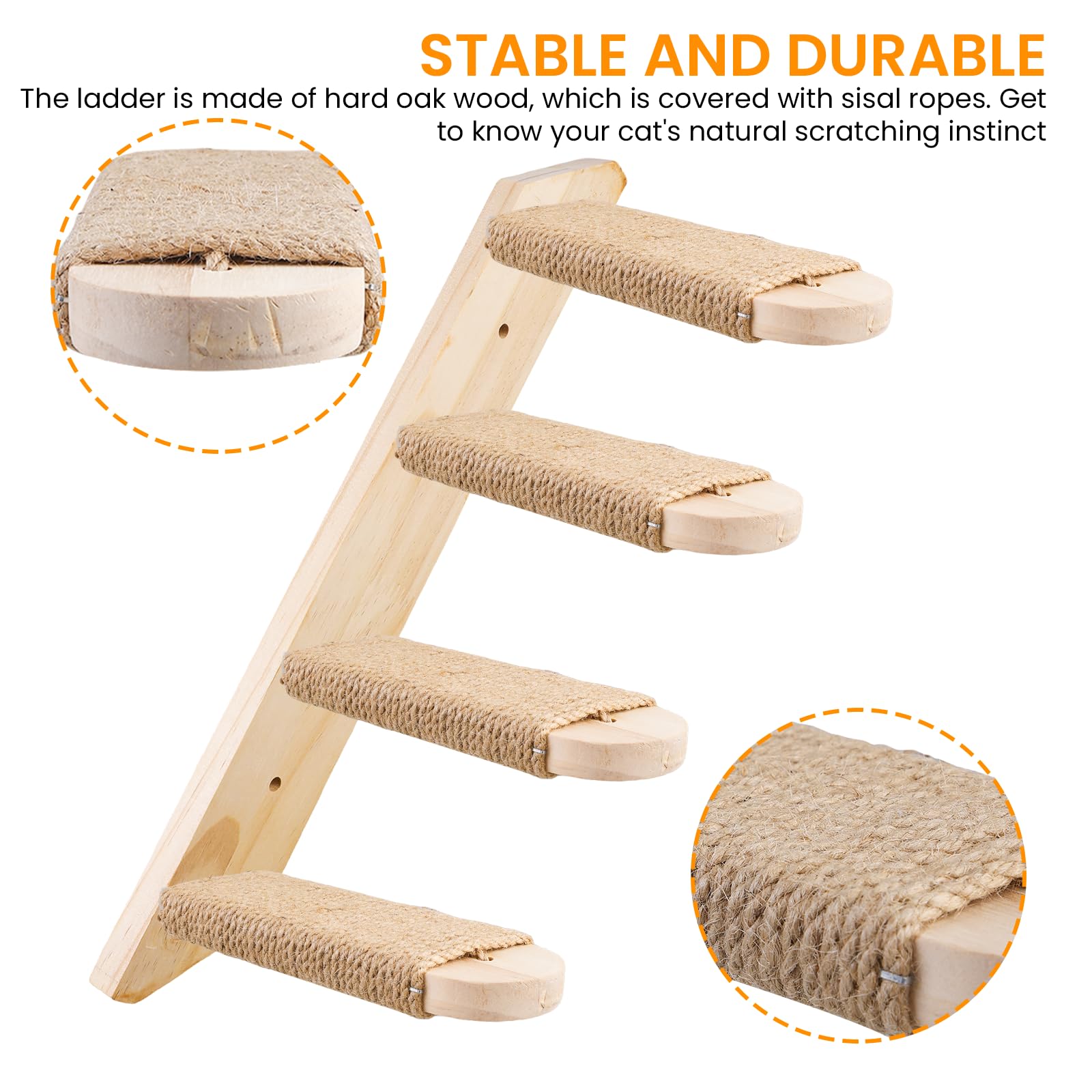 Scale per gatto, arrampicata e mobili per gatti in legno di quercia massiccio, scaletta fino a 15 kg, parete per arrampicata, corda di iuta