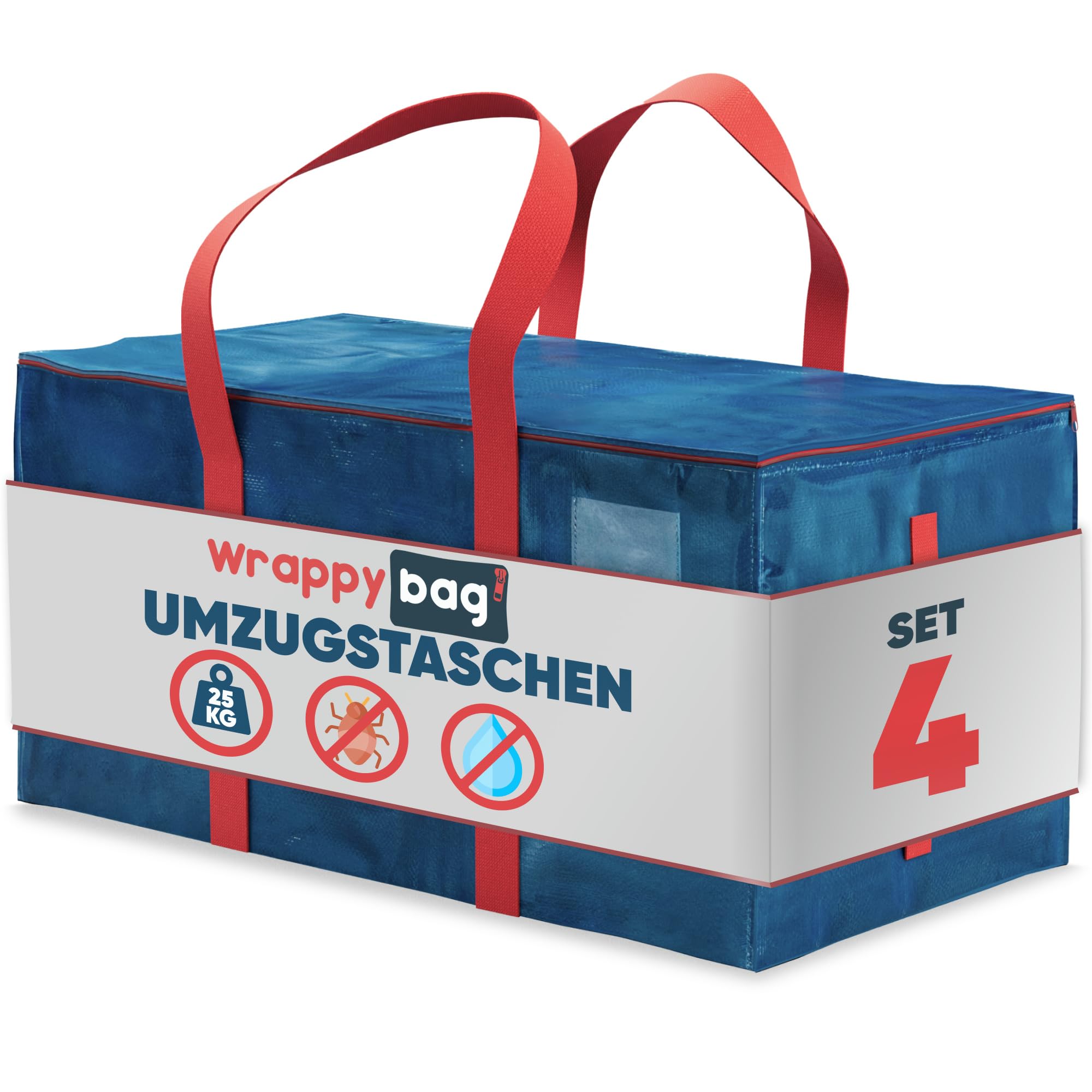 WRAPPYBAG 4er Pack Große Kunststoff Aufbewahrungstasche – XXL Tasche Groß für Umzug, Reise – Robust, Dick und Wasserabweisend mit Verstärkten Griffen – Für Kleidung und Bettwäsche – 75 x 36 x 38 cm