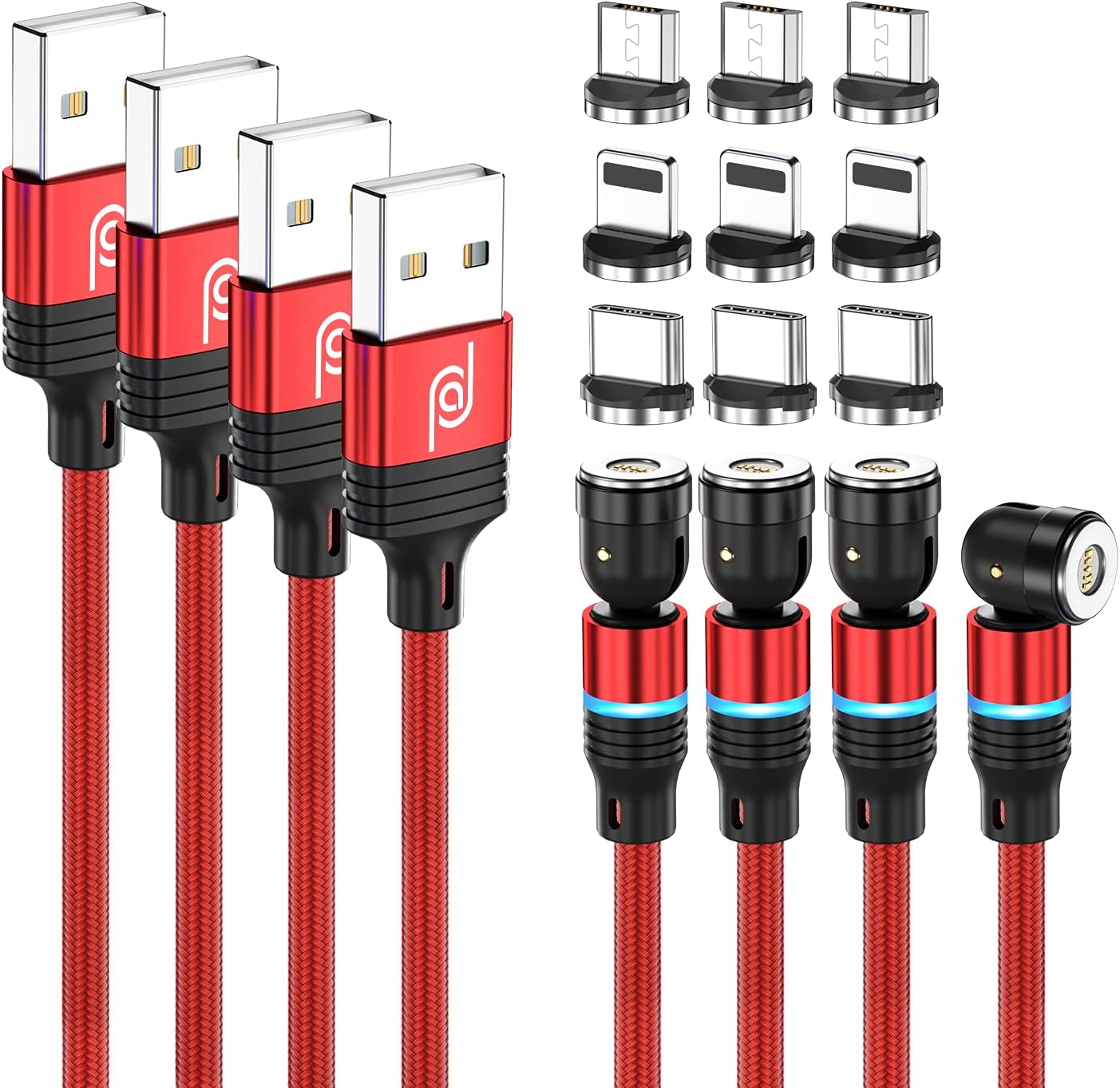 JJA Magnetic Charging Cable 3 in 1, 4 Pack (2 x 1m, 2m, 3m), 360°&180° Rotation, Fast Phone Charger, 3A Nylon Braided Detachable, Data Transfer, for Micro USB, Type C, I-Connector (Red, Pack of 4)