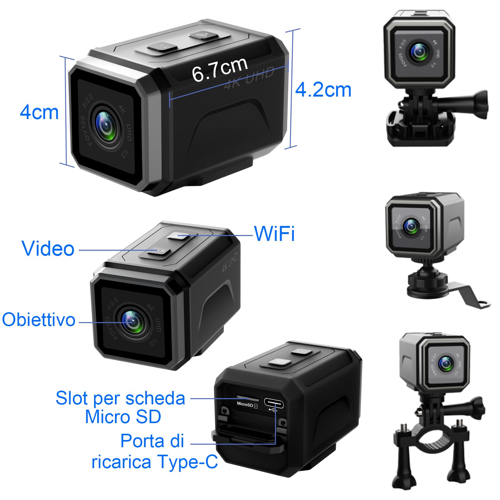 Telecamera Moto 4K WiFi Grandangolo 140° 8h, Action Cam per Sport | 8h batteria, 4K HDR stabilizzato, 256GB SD, fissaggi per casco/moto/sci