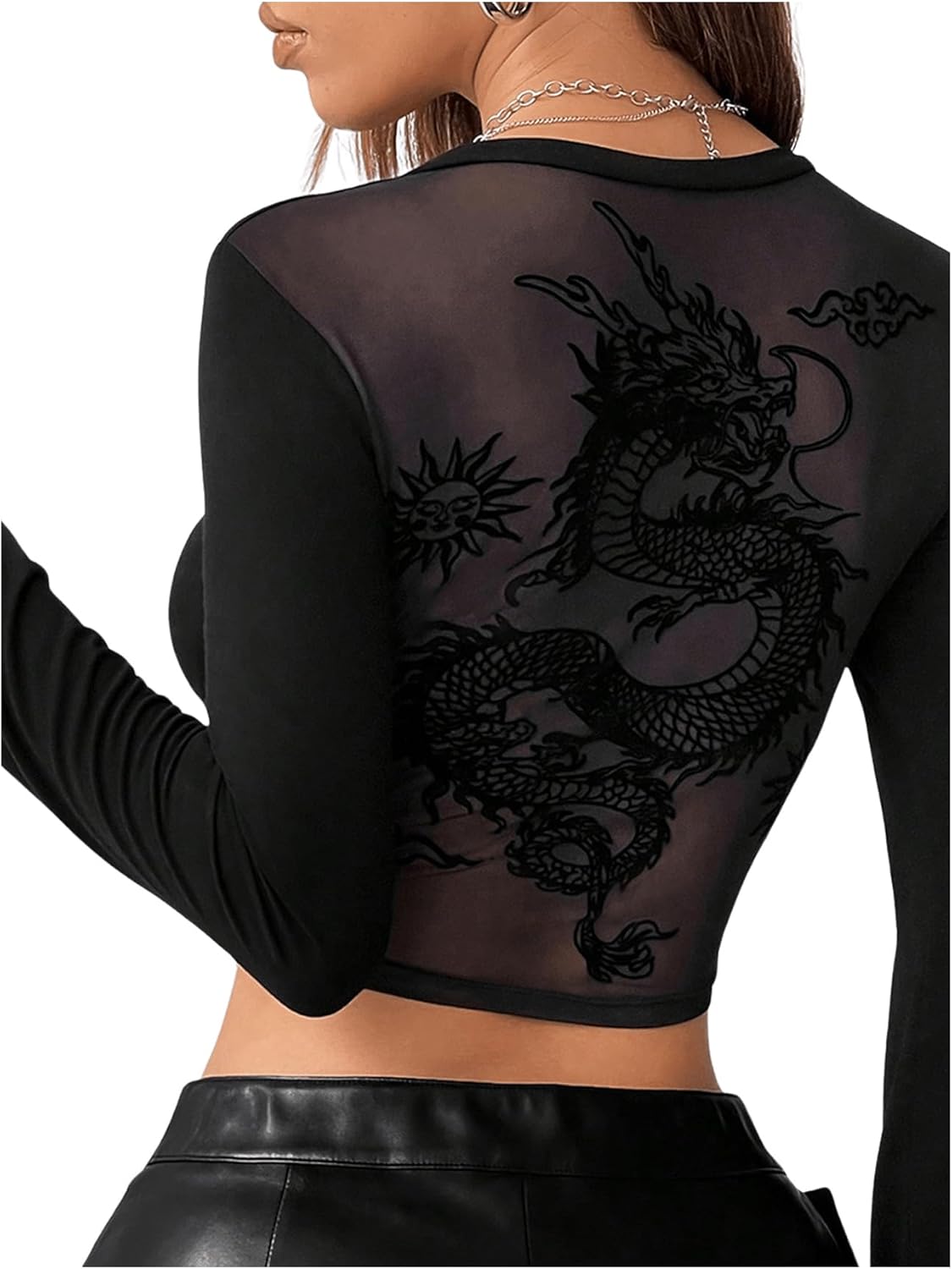 Women's Halloween Goth Crop Tops Dragon Print Long Sleeve T Shirts Sexy Sheer Mesh Going Out Party Tee Top - Image 3