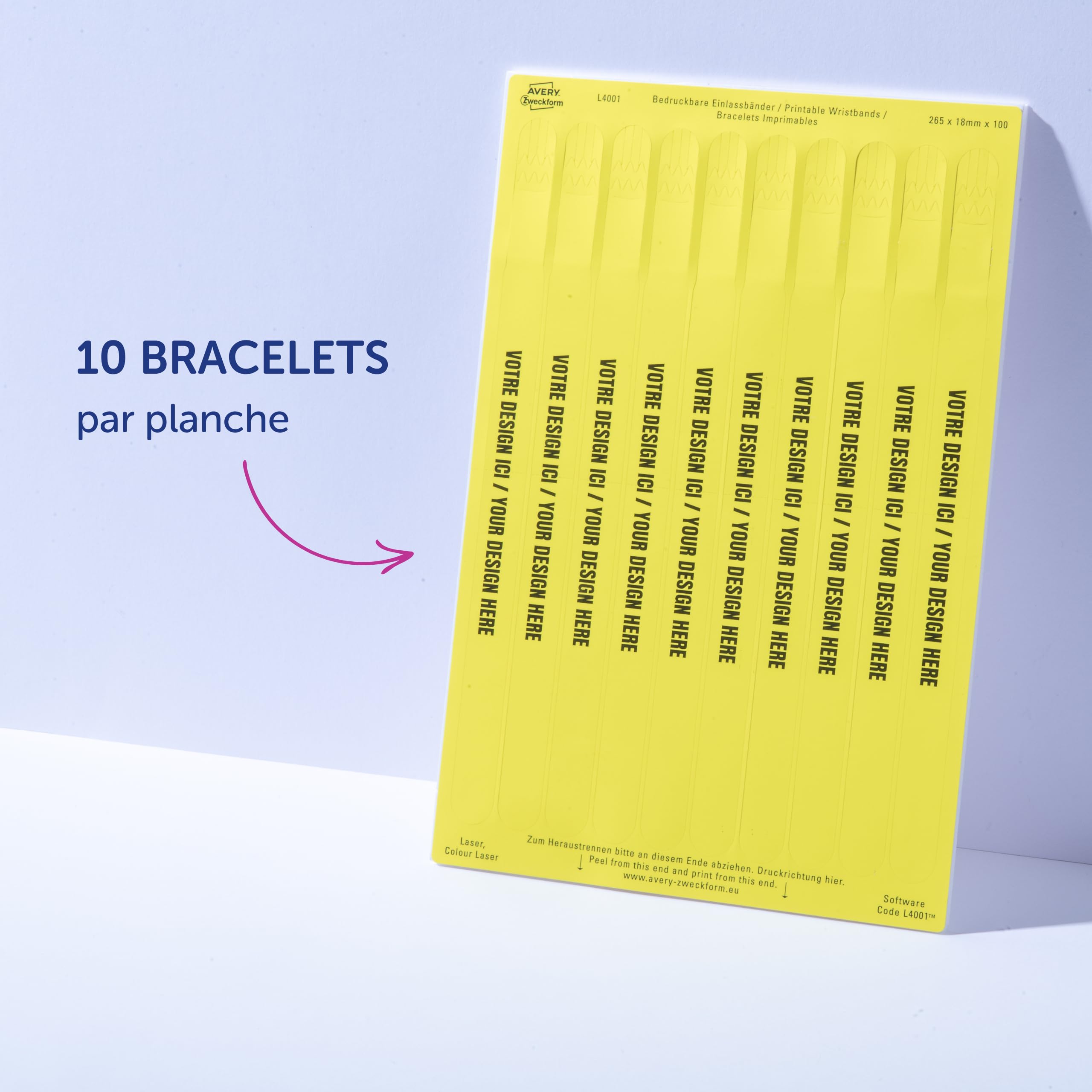50 bracelets d'identification imprimables laser - 265 x 18 mm - Jaune