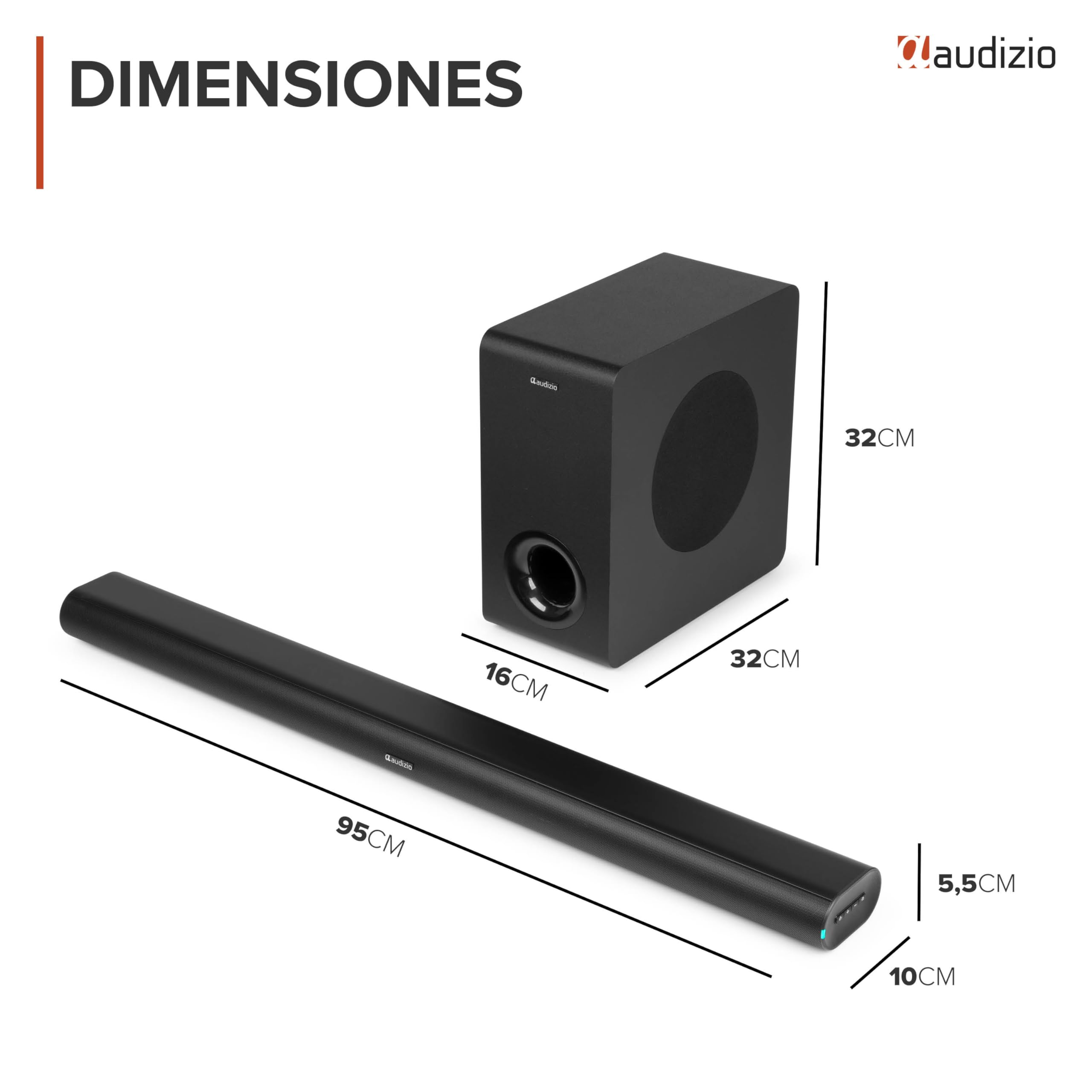 Audizio SB96S – Barra de Sonido 180W con subwoofer 6,5”, HDMI ARC, Bluetooth 5.3, USB y Entrada óptica, soundbar 95 cm para TV con Mando y Montaje Pared Negro