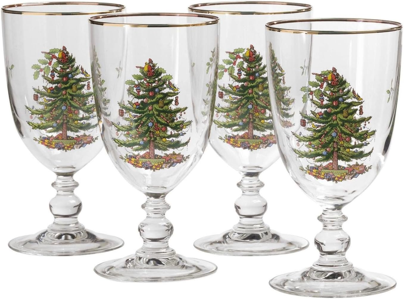 Spode Christmas Tree Gold 16oz Pedestal Goblets (Set of 4) - Gold Rimmed Glasses, Festive Holiday Drinkware for Christmas Dinner, Wedding Gifts - Holiday Glassware for Wine, Cocktails & Martinis