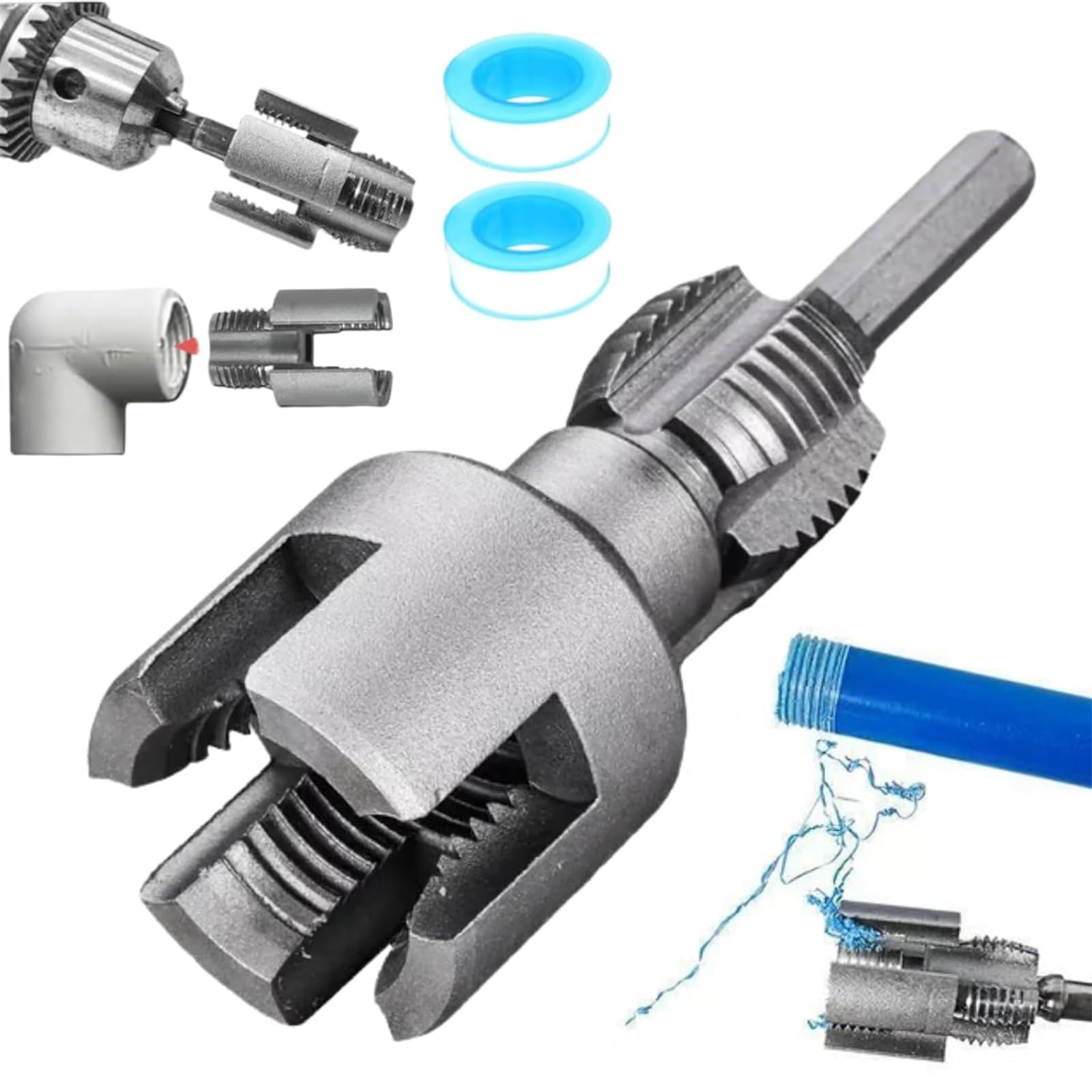 2025 Dual-Function Integrated PVC Pipe Threading Tool, Electric Drill-Compatible Internal & External Threader Kit for 1/2" & 3/4" Pipe Sizes, Home Repair Rethreading Kit (1/2")