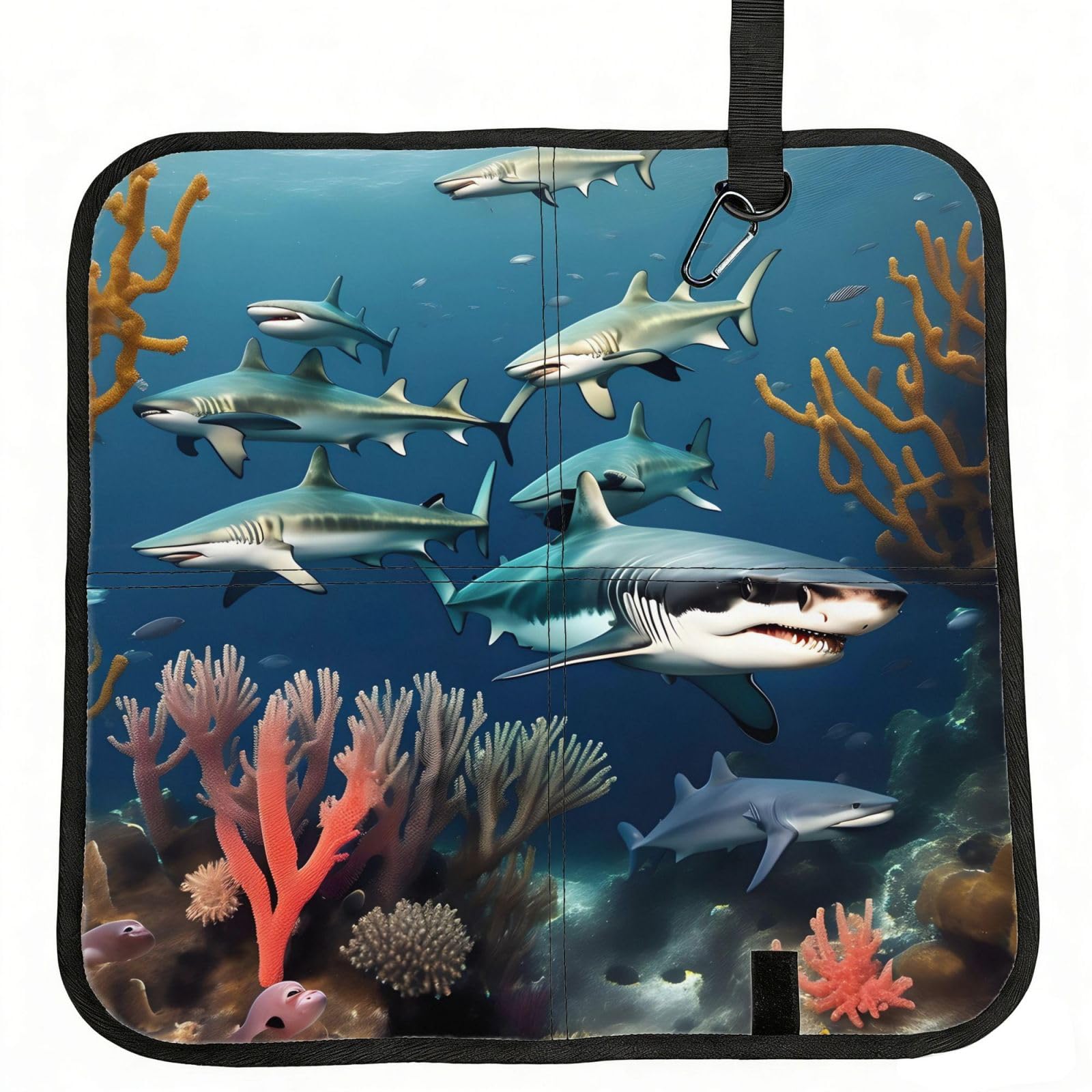 MROWYC Sharks under the sea Printed Foldable Seat Cushion - Portable with Carabiner, for Stadium, Camping, Hiking