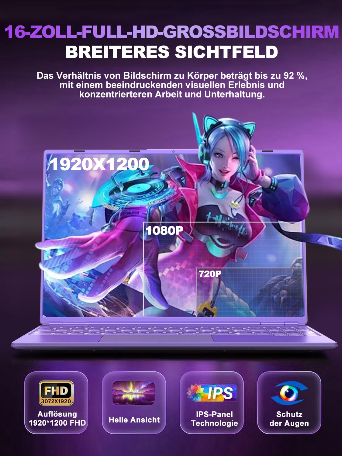 PC Portatile 16 Pollici Win 11 12+512GB 1TB SSD N5095 2.9Ghz Notebook Laptop Viola