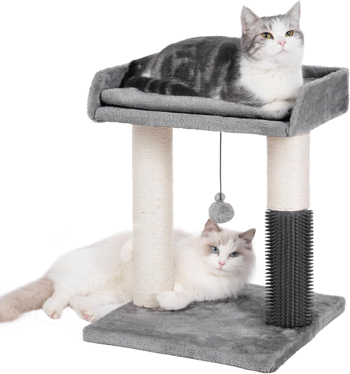Cat Scratching Post Small Cat Tree with Cat Self Groomer, 15.7x13.7” Wide Top Bed, Natural Scratch Post and Danging Ball Great for Kittens and Average Indoor Cats-Medium Grey Medium Gray
