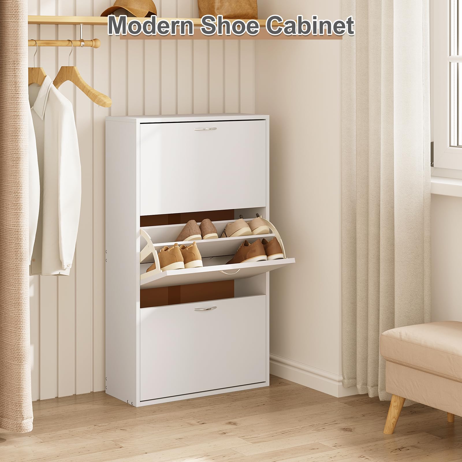 WOLTU Schuhregal schmal hoch, Schuhkipper mit 3 Klappen, Schuhschrank weiß, Schuhkommode platzsparend, Schrank für Schuhaufbewahrung, Schuhorganizer, aus MDF