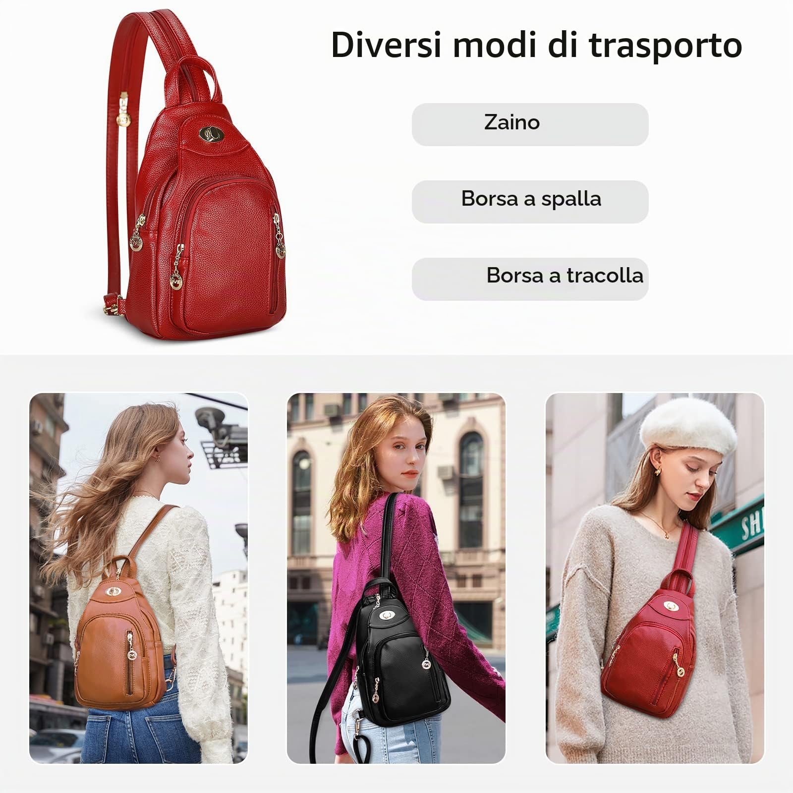 DIRRONA Zaino da Donna in PU Pelle - Borsa da Petto Antifurto, Borse a Tracolla per Viaggio, Università, Scuola e Lavoro - Moda Casuale