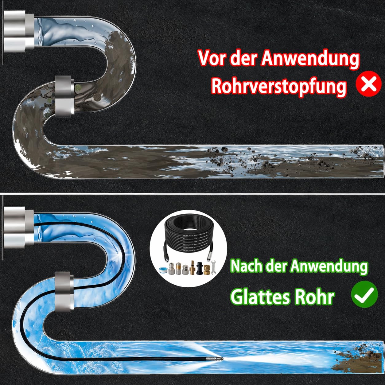 Rohrreinigungsschlauch 30m für Hochdruckreiniger, Rohrreiniger Set Kanalratte mit Rotationsdüse & Knopfdüse, Abflussreiniger Rohrfrei Kompatibel mit Kärcher K-Serie, Bosch AQT, Lavor & 1/4", 400Bar