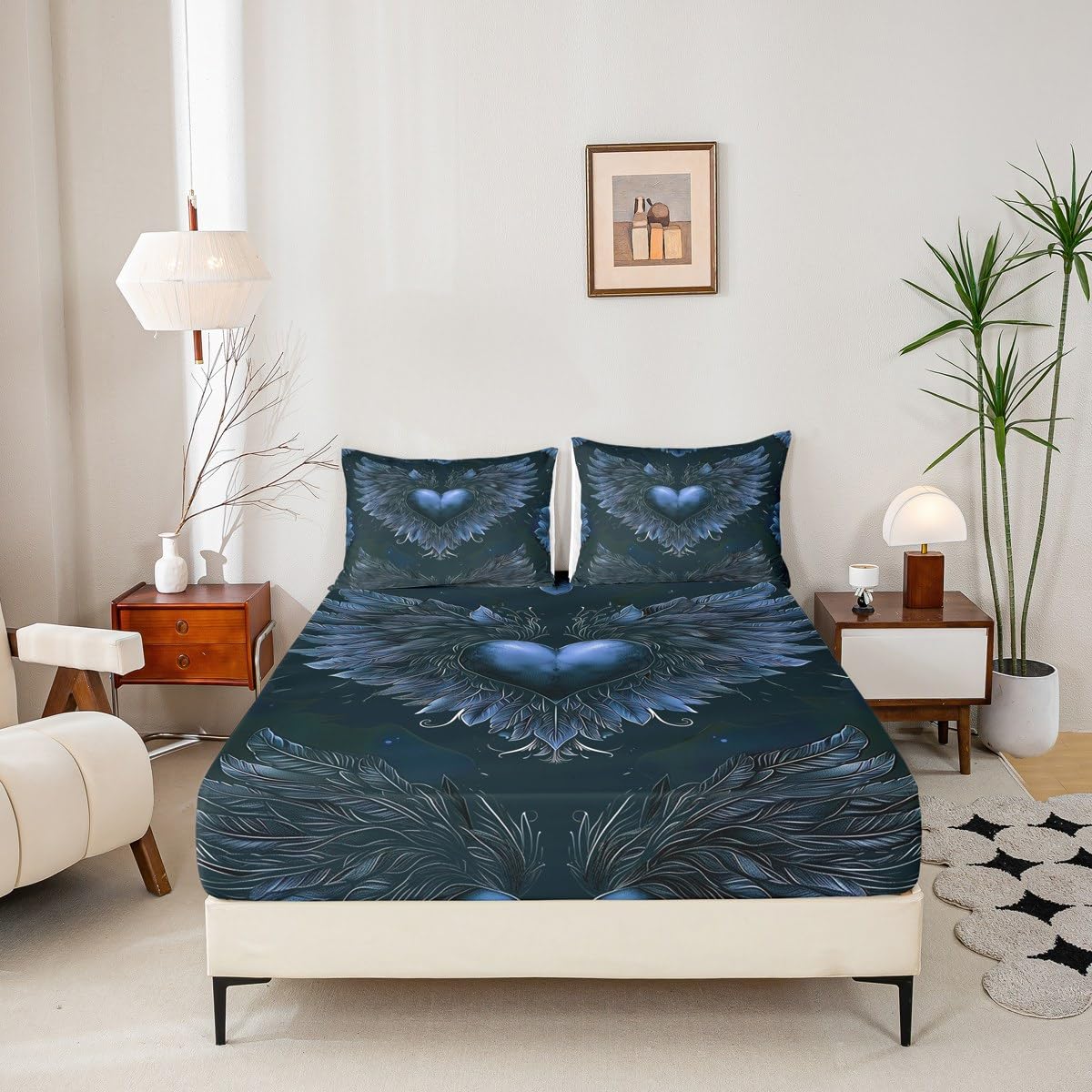 Blue Wings Fitted Sheet Twin Size Valentine's Day Bedding Set Love and Feather Sheet Set,Romantic Bed Cover Ultra Soft Breathable Bedding 2 Pcs for Kids Teens Boys