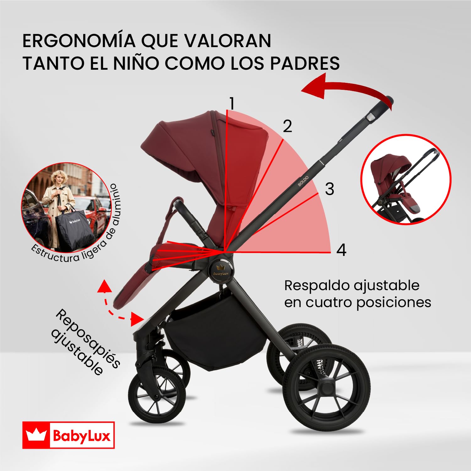 BabyLux® Carrito Bebe 3en1 BOLDO, Conjunto de Cochecito Ligero y Plegable | Incluye Capazo, Silla de Paseo, Portabebés i-Size, Bolso Cambiador y Más Accesorios, 0-22kg, Protección UV 50+,Ventilación