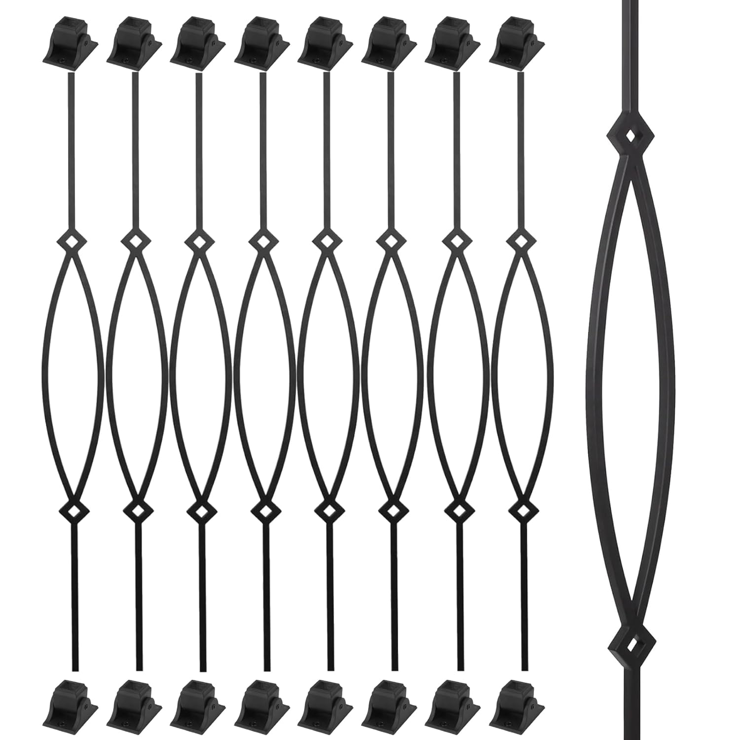 8-Pack Iron Balusters – 44" x 1/2" Square Metal Stair Spindles with Pointed Oval Design & 16 Swivel Shoes, Modern Wrought Iron Staircase Balusters