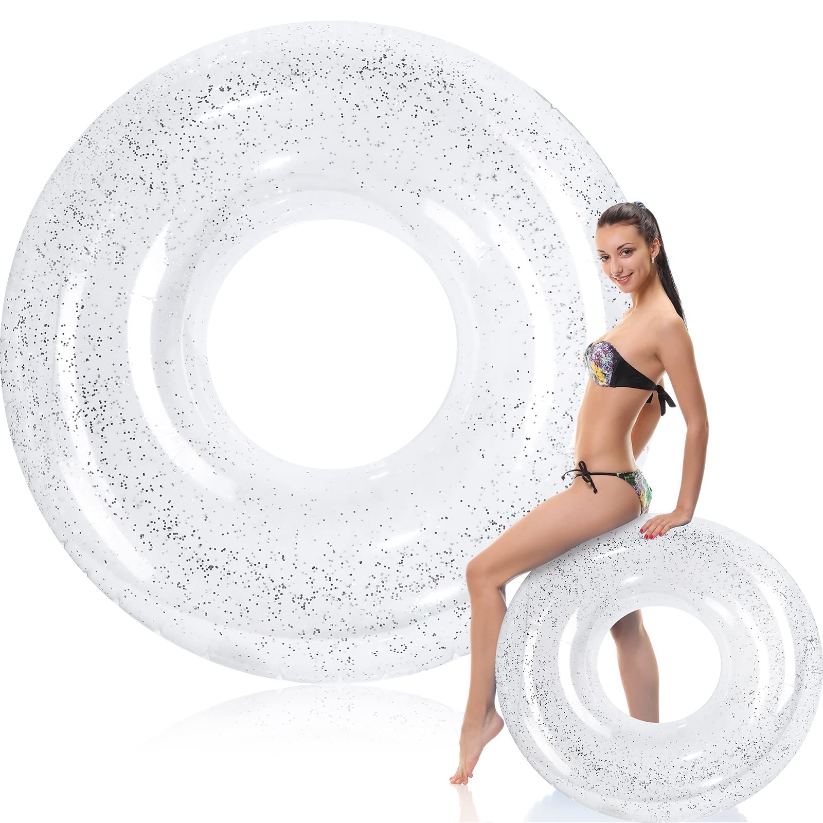 WettarnJumbo Pool Floats 47.24 Inches Large Float Tube Inflatable Pool Floats Clear Swim Floats Adults Size Swimming Tube with Colorful Sequins for Beach, Lake, Pool Party Supplies (1 Pc)