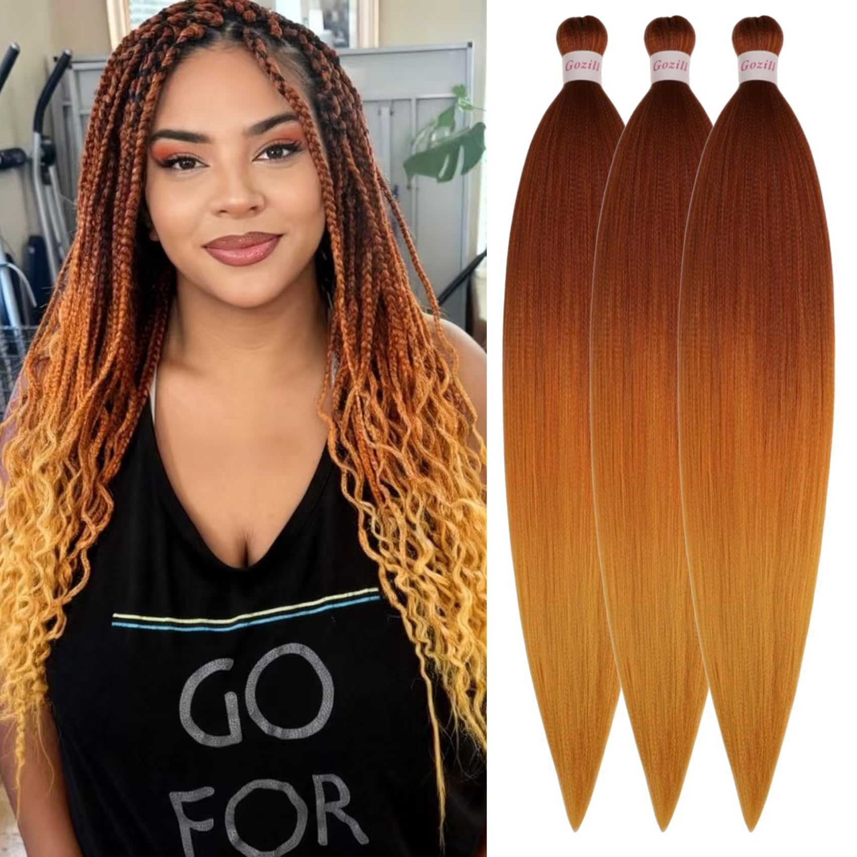 Gozill Braiding Hair Pre stretched Ombre Ginger Brown Golden Ez Braid Prestretched Hypoallergenic Braiding Hair Extensions Knotless Itch Free