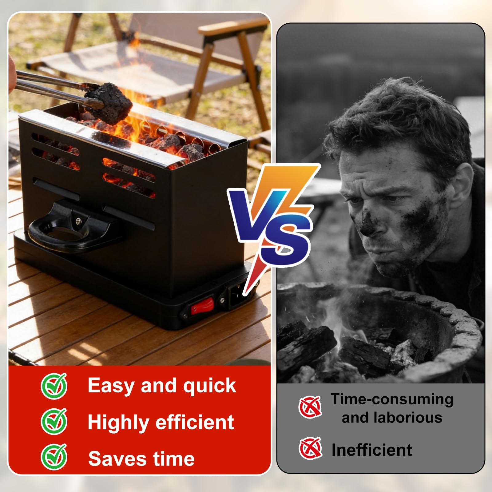 Kohleanzünder Elektrischer, 800W Holzkohle Elektrischer Kohlegrill Anzünder mit Zange, Kleiner Grillanzünder mit Kabel & Griff, Kohlegrill Zubehör für Outdoor Herd Grill