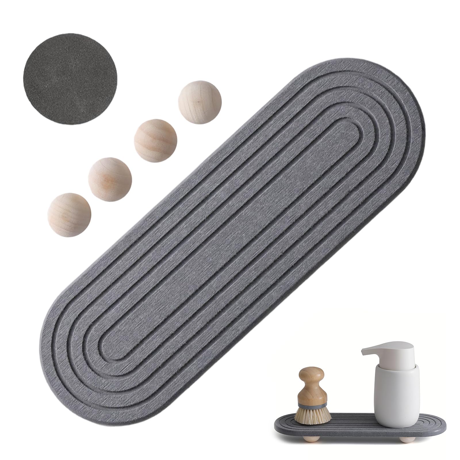 Stone Drying Mat Kitchen, 30 × 10 cm Stone Dish Drying Mat for Kitchen Counter, Diatomaceous Earth Dish Drying Mat with Wooden Feet, for Kitchen Dishes Bottles Cups Bathroom (Dark Gray)
