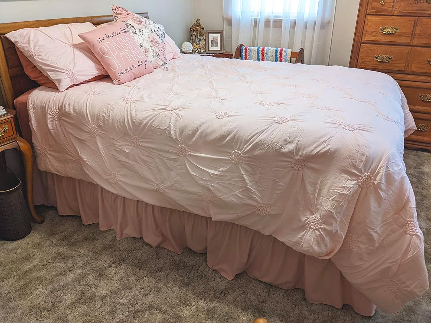 AYASW Bed Skirt 18 Inch Drop Wrap Around with Elastic No Top Cover Dust Ruffle Queen Easy On Double Brushed Microfiber Fit Queen-King Size Bed Light Pink