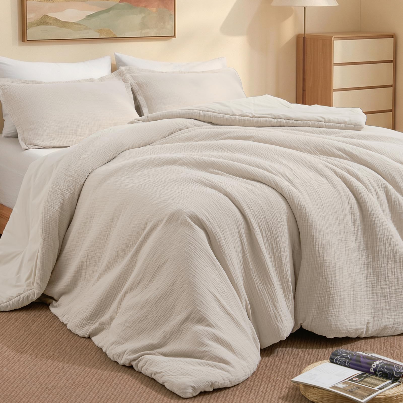 David's Home Cotton Muslin Comforter Set Queen Size, Soft Lightweight Breathable Cozy Skin-Friendly, 3PCS Linen Like Gauze Bedding with Pillow Shams, Aesthetics Home Decor & Giftable, Natural