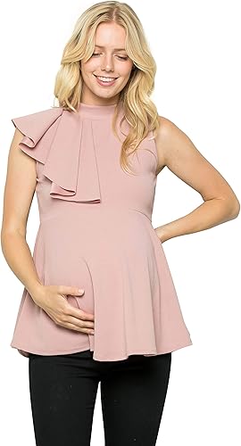 My Bump Camiseta de maternidad con volantes laterales en cascada, cuello alto falso (fabricado en Estados Unidos)